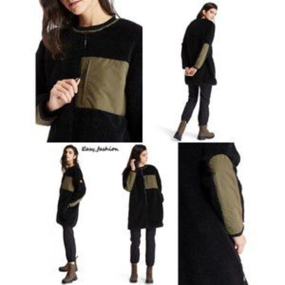 Timberland Women's Long Fleece Full Zip Jacket Black and Olive Sz Large